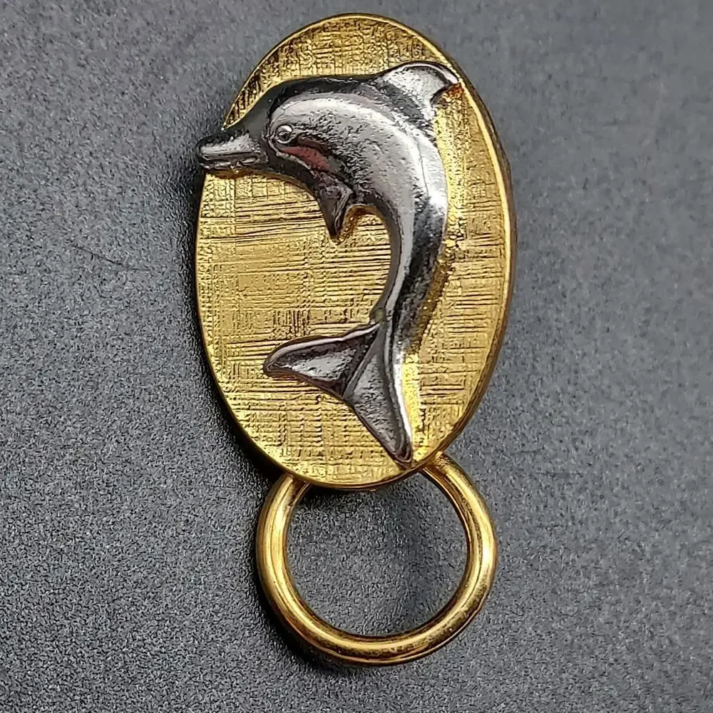 Dolphin Sea Life Pin Brooch Hidden Loop Eye Glass Badge ID Holder New Old Stock